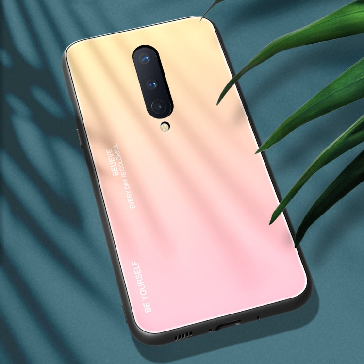 Gradient glass phone case with dual camera cutout, gold-to-pink gradient, dark side trim