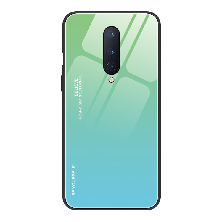 Gradient glass phone case, green-to-turquoise back with dual camera cutouts and raised edges