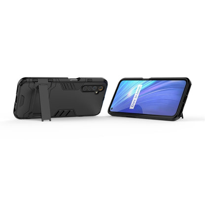 Black rugged shockproof phone case with kickstand/holder, angled front view