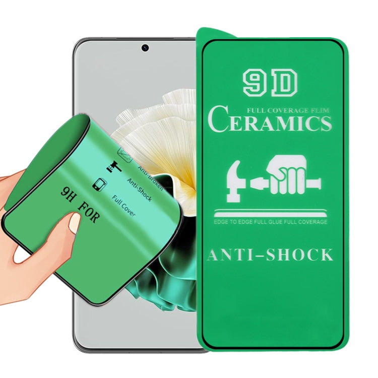 9D ceramic screen protector film with full-glue adhesive, shown covering a phone