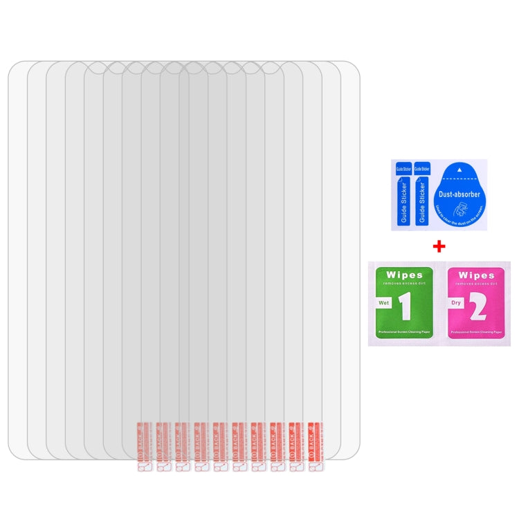 10-pack tempered glass screen protectors with cleaning wipes included.