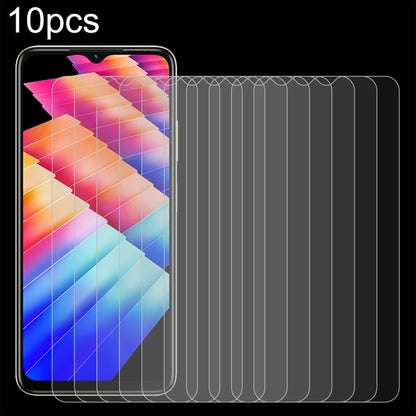 Set of 10 curved tempered glass screen protector films shown on a phone