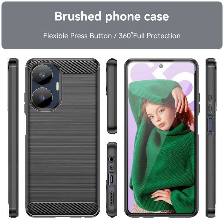 Brushed phone case shown in black with carbon-fiber style back and side buttons