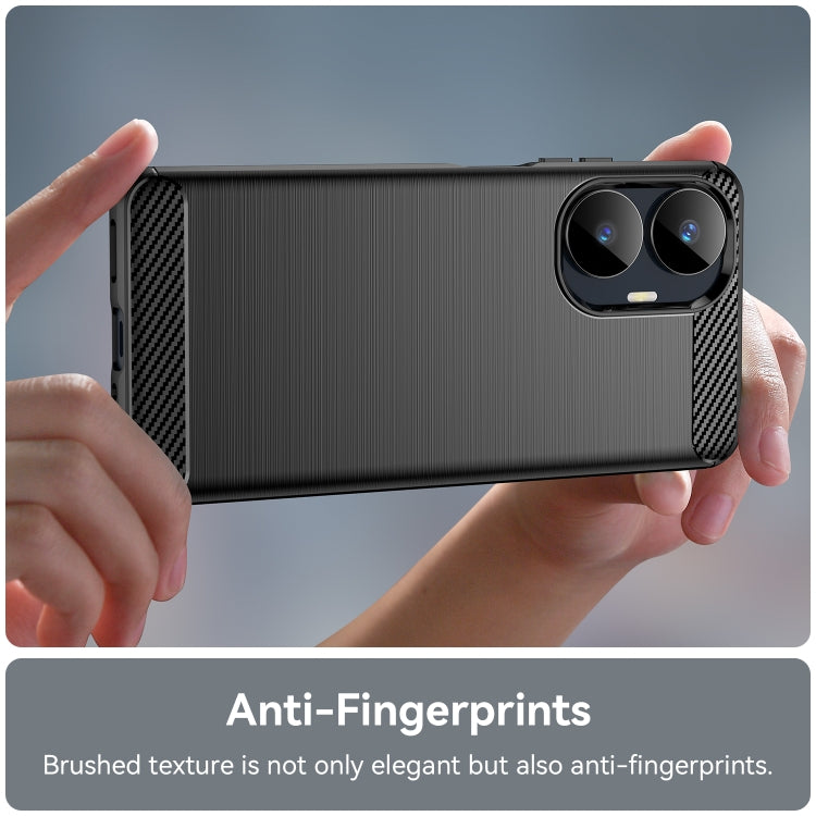 Black brushed phone case held by hands, showing dual camera cutout and textured sides