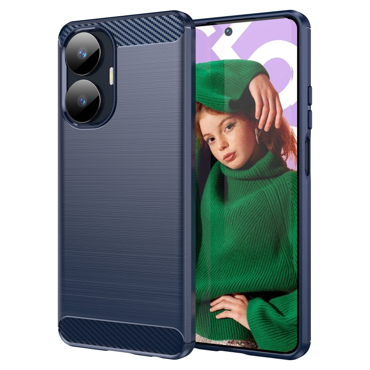 Navy-blue brushed-texture TPU phone case with carbon-fiber style trim and dual camera cutout