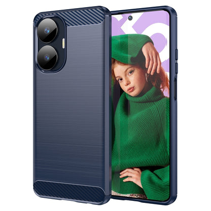 Navy-blue brushed-texture TPU phone case with carbon-fiber style trim and dual camera cutout