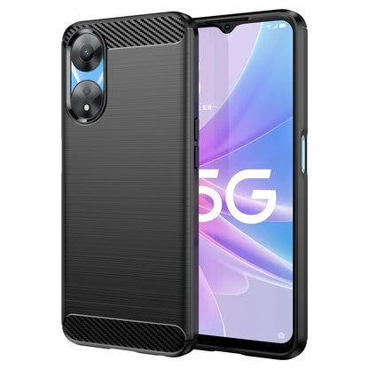 Black brushed-texture TPU phone case with carbon-fiber side accents and dual camera opening