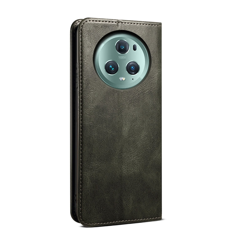 Dark green leather flip phone case with textured surface and circular camera cutout