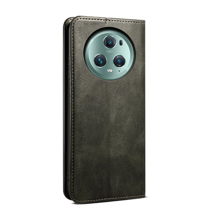 Dark green leather flip phone case with textured surface and circular camera cutout