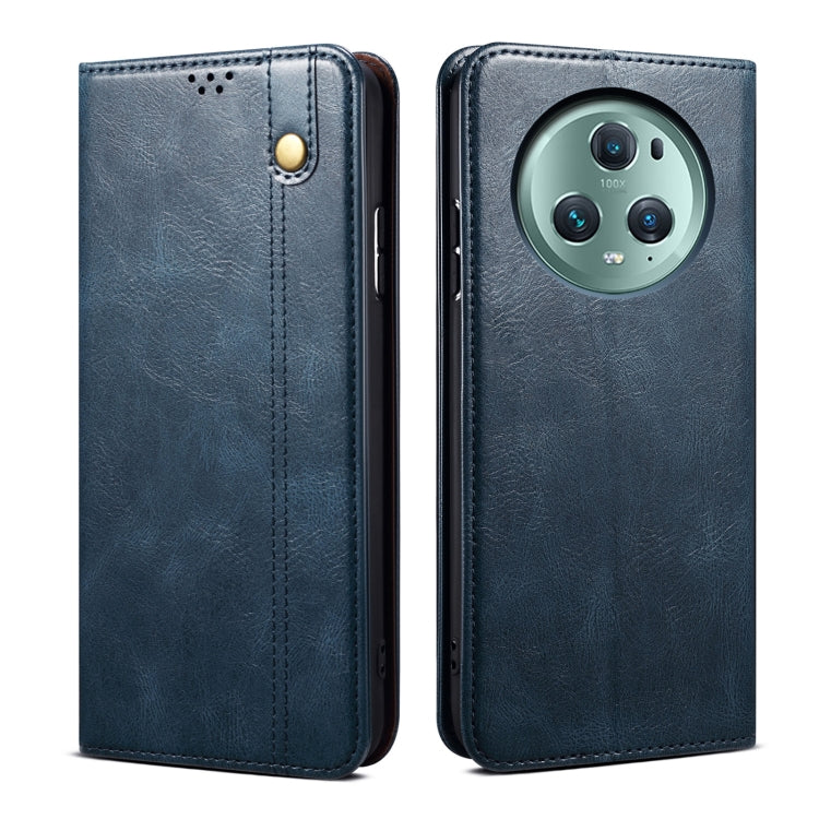 Blue leather flip phone case with textured finish, stitched edges, and round camera opening