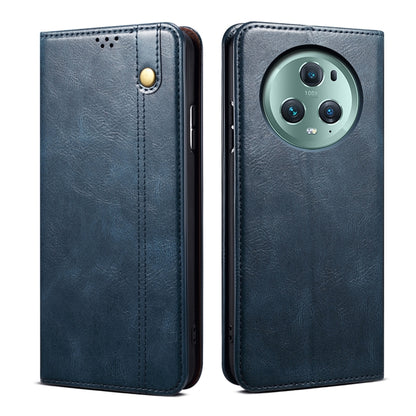 Blue leather flip phone case with textured finish, stitched edges, and round camera opening