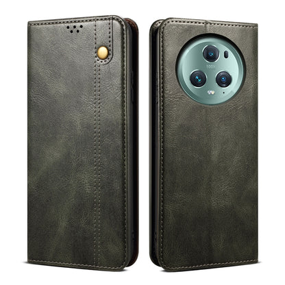 Dark green leather flip phone case with textured finish, stitched edges, and circular camera opening