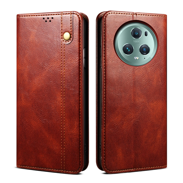 Brown/orange crazy horse leather phone case with snap button, stitched trim, camera cutout