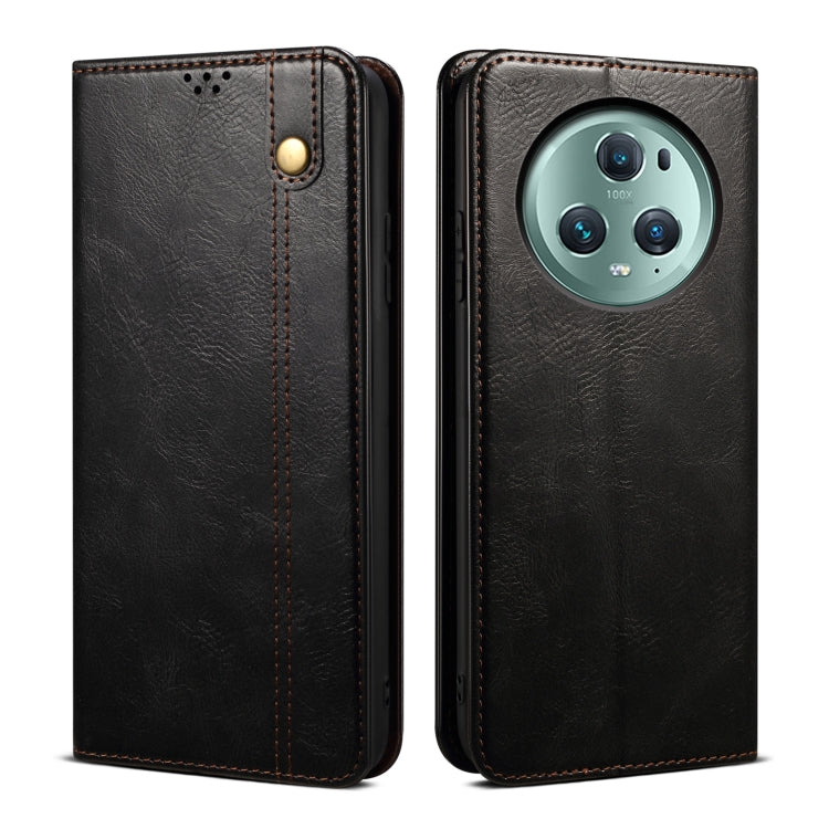 Black crazy horse leather phone case with snap button, stitched border, raised camera opening