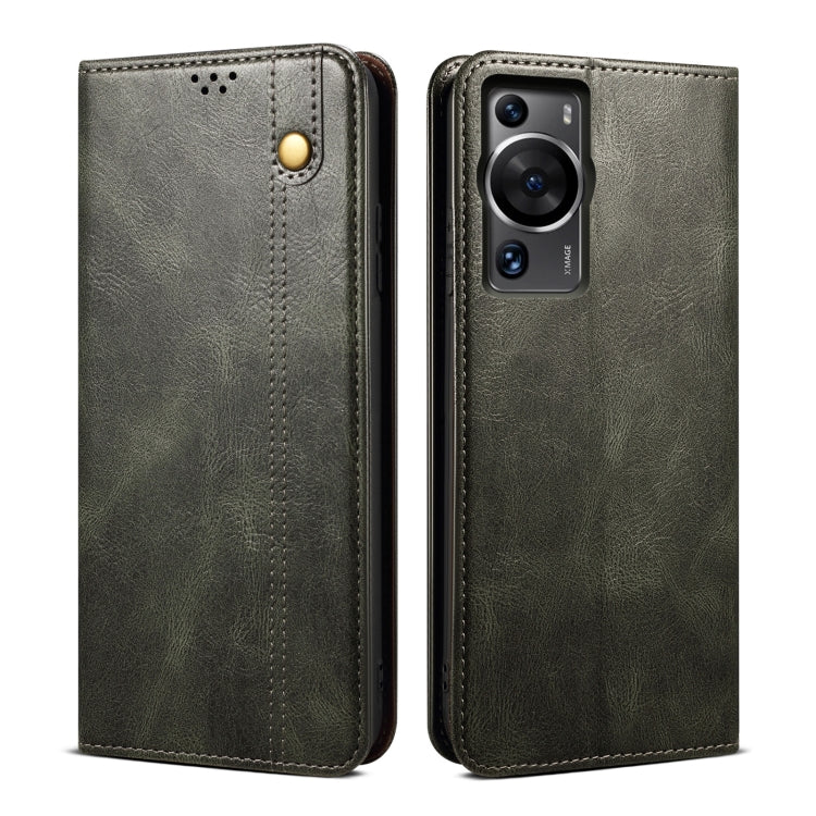 Olive green crazy horse leather phone case, snap button, stitched edges, camera cutout