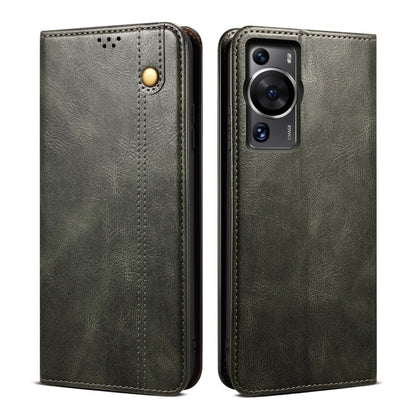 Olive green crazy horse leather phone case, snap button, stitched edges, camera cutout