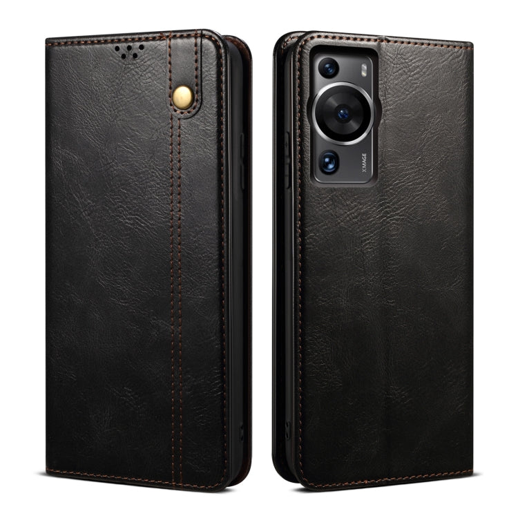Black crazy horse leather phone case with snap button, stitched trim, camera opening