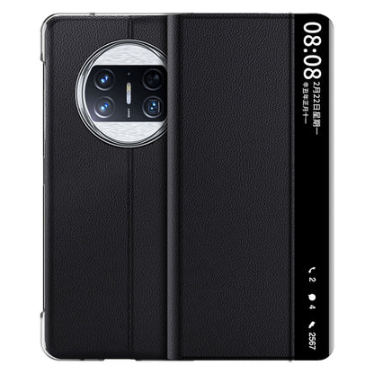 Black magnetic flip phone case with faux-leather texture and camera cutout