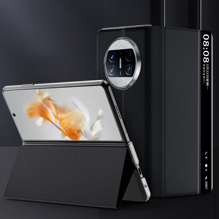 Black magnetic flip phone case with smart view window and standing holder