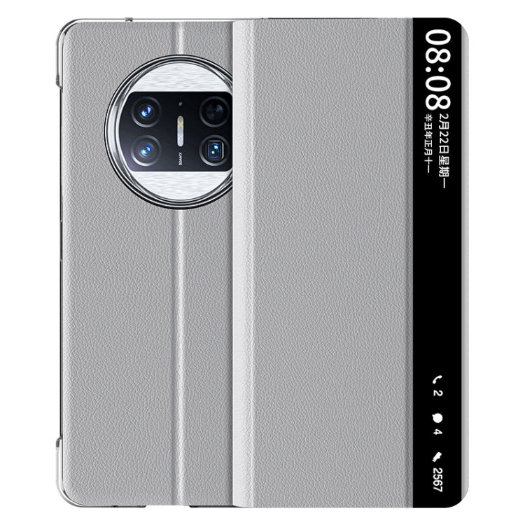 Grey magnetic flip phone case with faux-leather texture and camera cutout