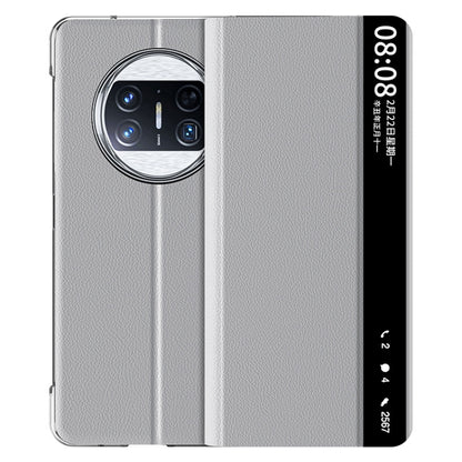 Grey magnetic flip phone case with faux-leather texture and camera cutout