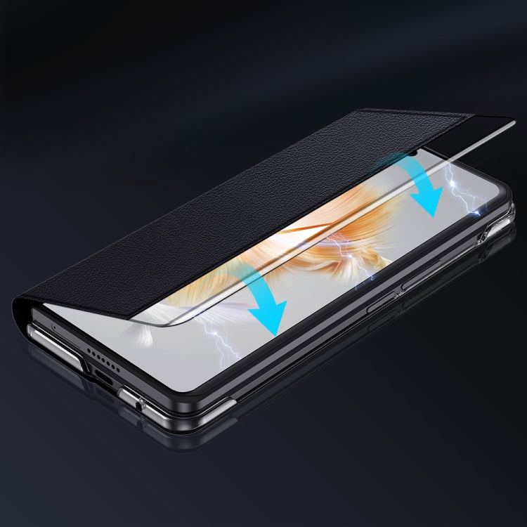 Black magnetic flip phone case with smart view window and protective cover