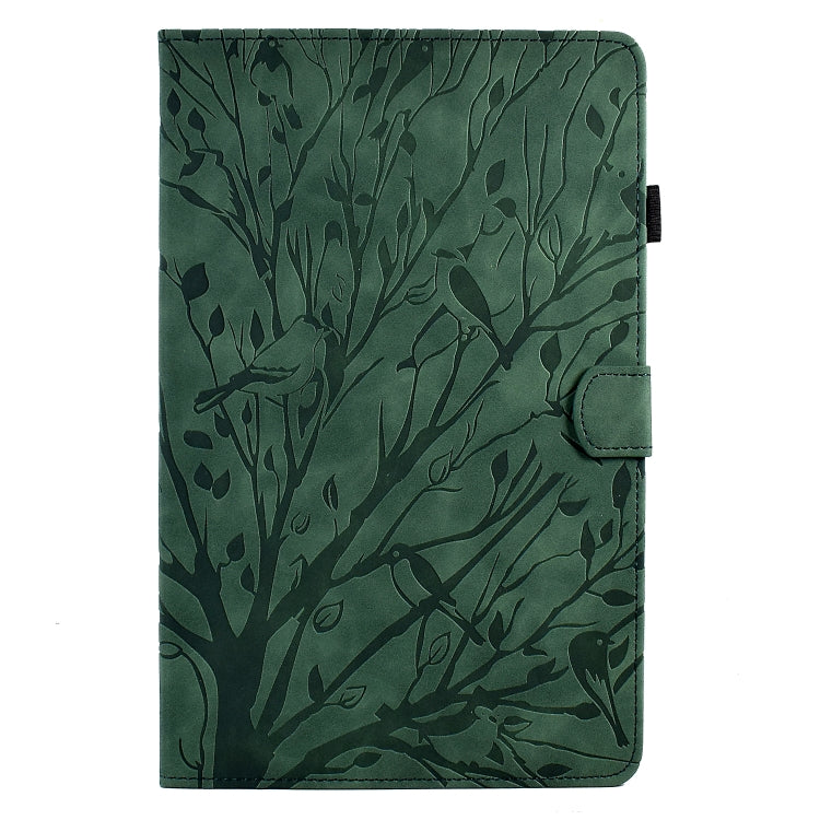Green leaf-pattern tablet case with side button cutouts and folding protective cover.