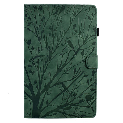 Green leaf-pattern tablet case with side button cutouts and folding protective cover.