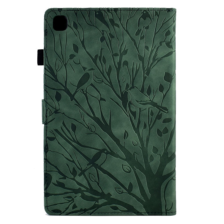 Green leaf-pattern folio tablet case with camera cutout and secure side stitching.