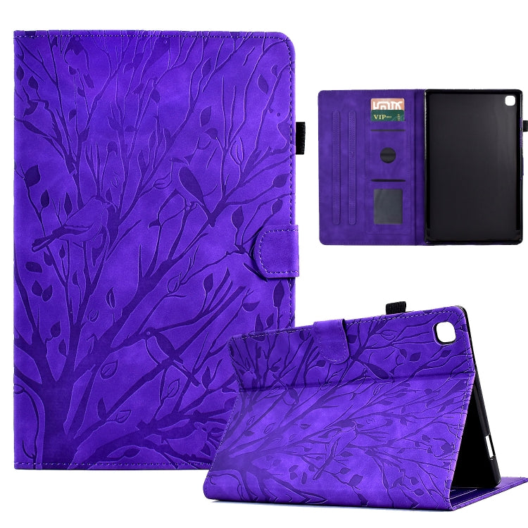Purple tablet PU case with leaf pattern, magnetic flap and kickstand for wake/sleep.
