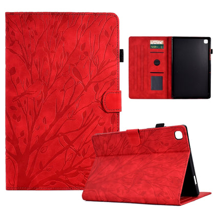 Red tablet PU case with leaf pattern, magnetic flap and kickstand for wake/sleep.