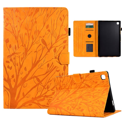 Orange tablet PU case with leaf pattern, magnetic flap and kickstand for wake/sleep.