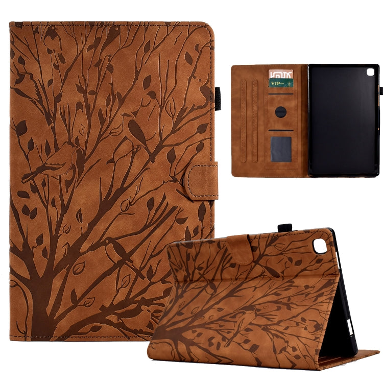 Brown tablet PU case with leaf pattern, magnetic flap and kickstand for wake/sleep.