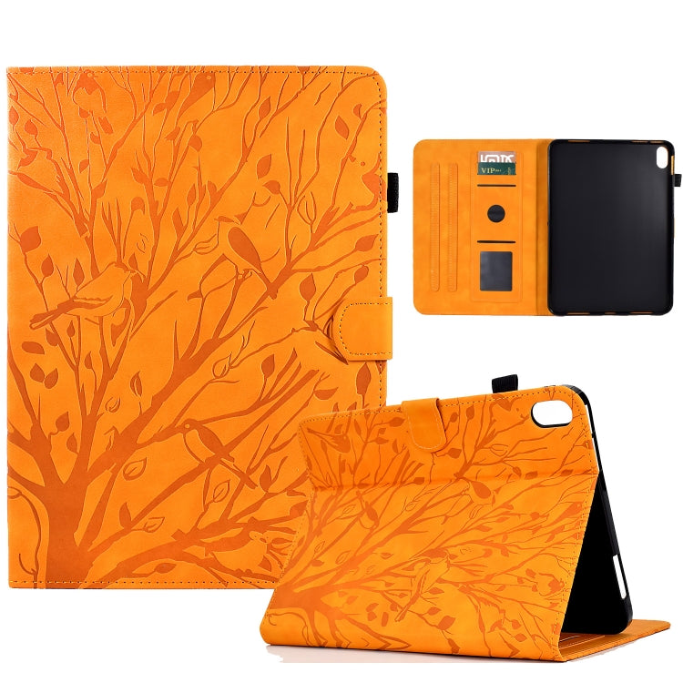 Orange PU tablet case with tree pattern, flip cover stand and card slot window