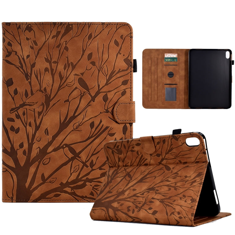 Brown PU tablet case with tree pattern, flip cover stand and card slot window