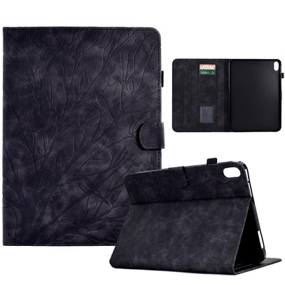 Dark navy PU tablet case with tree pattern, front and stand viewing angles