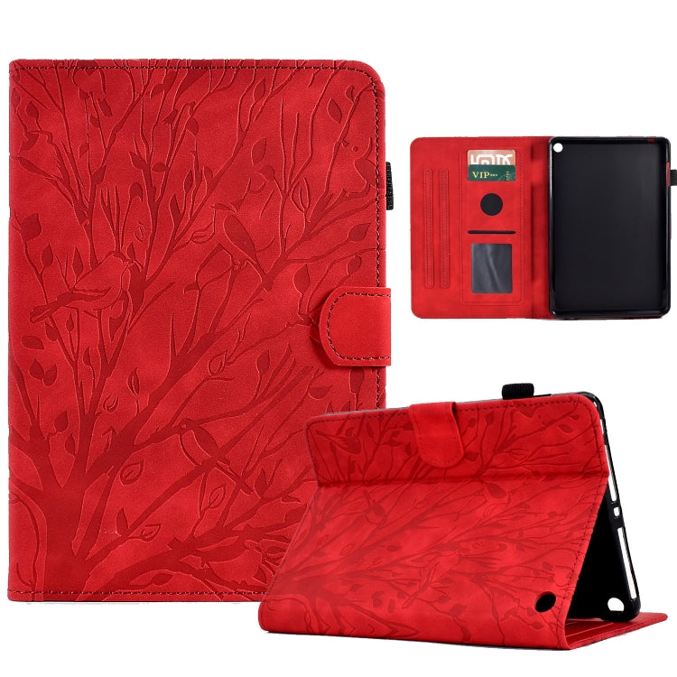 Red tree-pattern PU tablet folio case with wake-sleep, stand, and card slot.