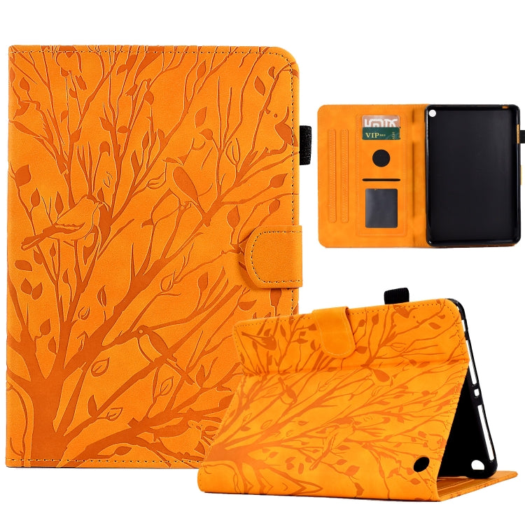 Orange tree-pattern PU tablet folio case with wake-sleep, stand, and card slot.