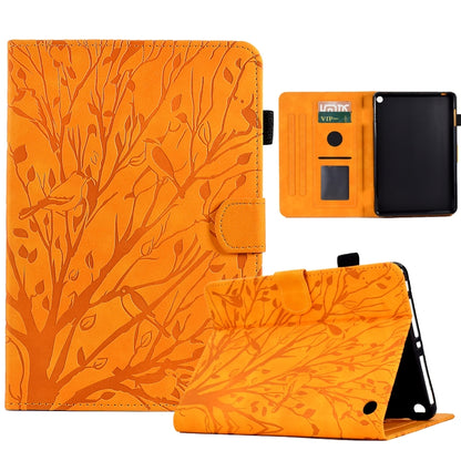 Orange tree-pattern PU tablet folio case with wake-sleep, stand, and card slot.