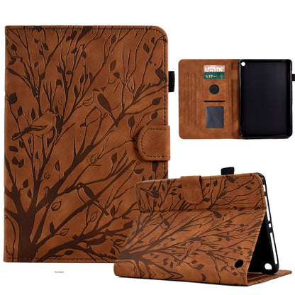 Brown tree-pattern PU tablet folio case with wake-sleep, stand, and card slot.