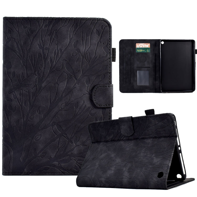 Black tree-pattern PU tablet folio case with wake-sleep, stand, and card slot.