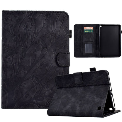 Black tree-pattern PU tablet folio case with wake-sleep, stand, and card slot.