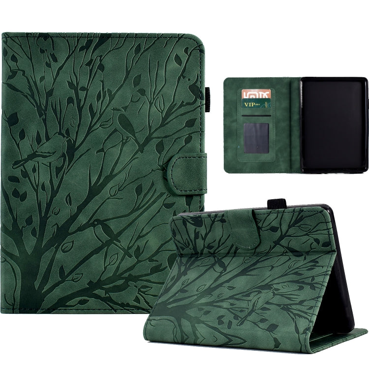 Green tree-pattern PU tablet folio case with wake-sleep, stand, and card slot.