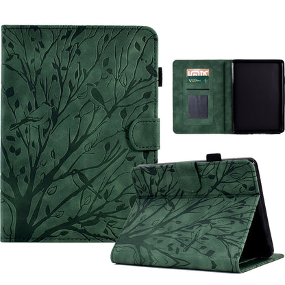 Green tree-pattern PU tablet folio case with wake-sleep, stand, and card slot.