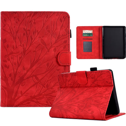 Red tree-pattern PU tablet folio case with wake-sleep, stand, and card slot.