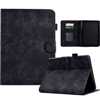 Black tree-pattern PU tablet folio case with wake-sleep, stand, and card slot.