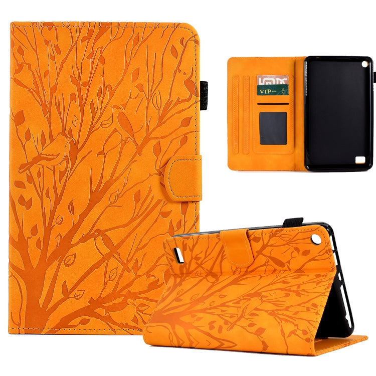 Orange leaf-pattern PU tablet case folio with stand and front flap, open view with slots