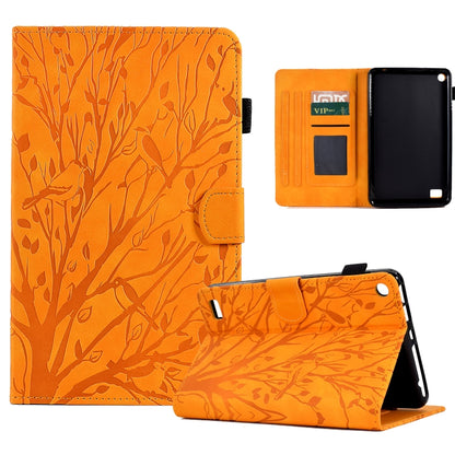 Orange leaf-pattern PU tablet case folio with stand and front flap, open view with slots