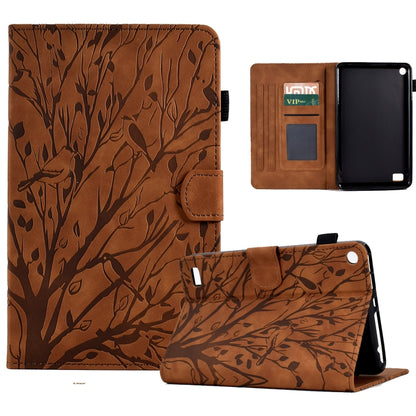 Brown PU tablet case with tree pattern, flip cover, card slots, and stand