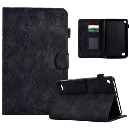 Black PU tablet case with embossed tree pattern, flip cover, card slots, and stand